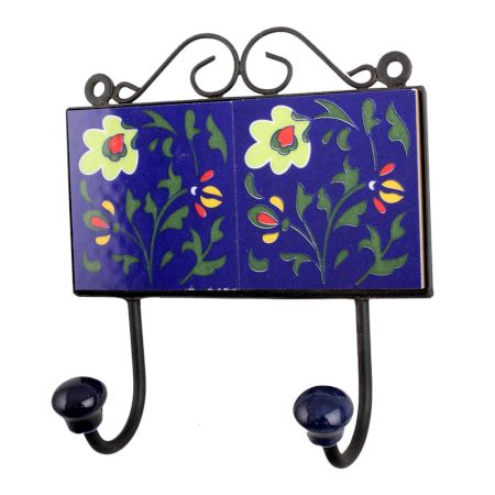 Navy Blue Light Green Floral Tiles Hooks